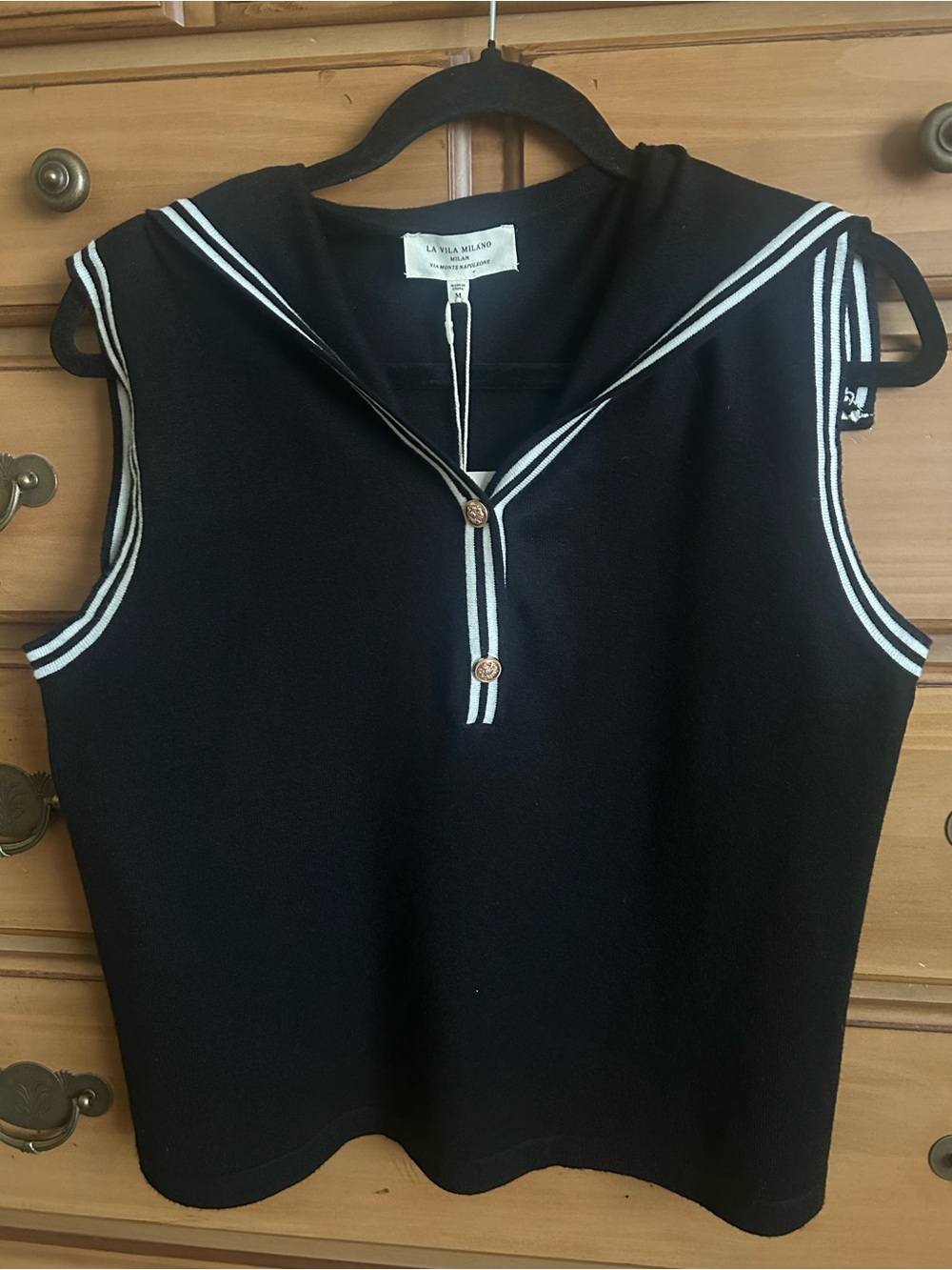 La Vila Milano Nautical Fisherman Top In Black with White Trim Gold Buttons